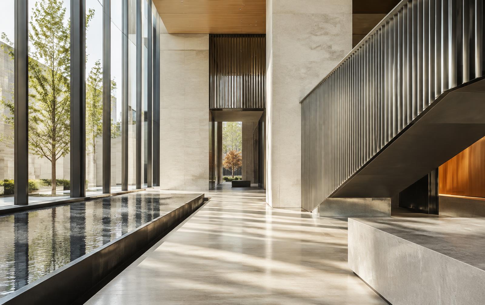 Daylight across limestone and engineered metal architecture